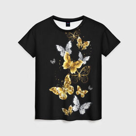 Женская футболка 3D с принтом Золотые бабочки в Белгороде, 100% полиэфир ( синтетическое хлопкоподобное полотно) | прямой крой, круглый вырез горловины, длина до линии бедер | airy | black | butterfly | cool | cute | flight | flit | gold | insect | magical | white | wings | yellow | бабочка | белый | воздушный | волшебный | желтый | золото | крылья | милый | насекомое | полёт | порхать | прикольный | черный