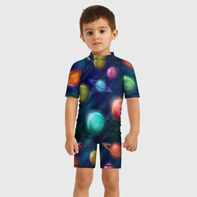 Детский купальный костюм 3D с принтом Планеты в Белгороде, Полиэстер 85%, Спандекс 15% | застежка на молнии на спине | nasa | вселенная | галактика | звезды | космос | наса | планеты | сияние | скафандр