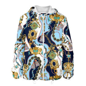 Мужская куртка 3D с принтом Барокко в Белгороде, ткань верха — 100% полиэстер, подклад — флис | прямой крой, подол и капюшон оформлены резинкой с фиксаторами, два кармана без застежек по бокам, один большой потайной карман на груди. Карман на груди застегивается на липучку | baroque | blue | chain | decoration | fringe | gold | ribbon | style | vintage | white | барокко | бахрома | белый | винтаж | золото | кисточка | лента | синий | стиль | украшения | цепочка