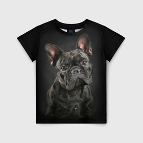Детская футболка 3D с принтом Французский бульдог в Белгороде, 100% гипоаллергенный полиэфир | прямой крой, круглый вырез горловины, длина до линии бедер, чуть спущенное плечо, ткань немного тянется | Тематика изображения на принте: animal | background | beast | black | breed | bulldog | cool | cute | dog | ears | french | jaw | look | muzzle | portrait | wool | бульдог | взгляд | животное | зверь | милый | пёс | порода | портрет | прикольно | псина | собака | уши | фон | фра