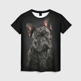 Женская футболка 3D с принтом Французский бульдог в Белгороде, 100% полиэфир ( синтетическое хлопкоподобное полотно) | прямой крой, круглый вырез горловины, длина до линии бедер | animal | background | beast | black | breed | bulldog | cool | cute | dog | ears | french | jaw | look | muzzle | portrait | wool | бульдог | взгляд | животное | зверь | милый | пёс | порода | портрет | прикольно | псина | собака | уши | фон | фра
