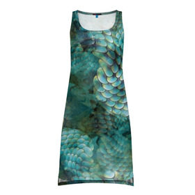 Платье-майка 3D с принтом Чешуя русалки в Белгороде, 100% полиэстер | полуприлегающий силуэт, широкие бретели, круглый вырез горловины, удлиненный подол сзади. | blue | color | fish | gray | green | mermaid | neyad | pattern | scales | sea | siren | skin | turquoise | wallpaper | water | бирюзовый | вода | зеленый | кожа | море | неяда | обои | паттерн | русалка | рыба | серый | сирена | цвет | чешуя