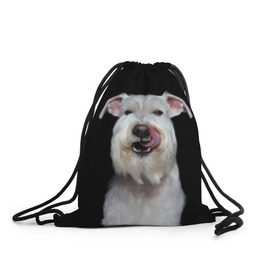 Рюкзак-мешок 3D с принтом Белый шнауцер в Белгороде, 100% полиэстер | плотность ткани — 200 г/м2, размер — 35 х 45 см; лямки — толстые шнурки, застежка на шнуровке, без карманов и подкладки | animal | background | beast | black | breed | cool | cute | dog | ears | fangs | jaw | look | muzzle | portrait | tongue | white | wool | белый | взгляд | животное | зверь | клыки | милый | пёс | порода | портрет | прикольно | псина | собака | уши