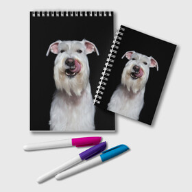 Блокнот с принтом Белый шнауцер в Белгороде, 100% бумага | 48 листов, плотность листов — 60 г/м2, плотность картонной обложки — 250 г/м2. Листы скреплены удобной пружинной спиралью. Цвет линий — светло-серый
 | Тематика изображения на принте: animal | background | beast | black | breed | cool | cute | dog | ears | fangs | jaw | look | muzzle | portrait | tongue | white | wool | белый | взгляд | животное | зверь | клыки | милый | пёс | порода | портрет | прикольно | псина | собака | уши