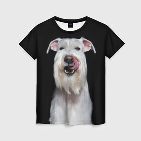 Женская футболка 3D с принтом Белый шнауцер в Белгороде, 100% полиэфир ( синтетическое хлопкоподобное полотно) | прямой крой, круглый вырез горловины, длина до линии бедер | animal | background | beast | black | breed | cool | cute | dog | ears | fangs | jaw | look | muzzle | portrait | tongue | white | wool | белый | взгляд | животное | зверь | клыки | милый | пёс | порода | портрет | прикольно | псина | собака | уши