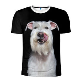 Мужская футболка 3D спортивная с принтом Белый шнауцер в Белгороде, 100% полиэстер с улучшенными характеристиками | приталенный силуэт, круглая горловина, широкие плечи, сужается к линии бедра | animal | background | beast | black | breed | cool | cute | dog | ears | fangs | jaw | look | muzzle | portrait | tongue | white | wool | белый | взгляд | животное | зверь | клыки | милый | пёс | порода | портрет | прикольно | псина | собака | уши