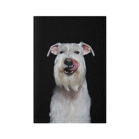 Обложка для паспорта матовая кожа с принтом Белый шнауцер в Белгороде, натуральная матовая кожа | размер 19,3 х 13,7 см; прозрачные пластиковые крепления | Тематика изображения на принте: animal | background | beast | black | breed | cool | cute | dog | ears | fangs | jaw | look | muzzle | portrait | tongue | white | wool | белый | взгляд | животное | зверь | клыки | милый | пёс | порода | портрет | прикольно | псина | собака | уши