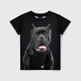 Детская футболка 3D с принтом Черный кан - корсо в Белгороде, 100% гипоаллергенный полиэфир | прямой крой, круглый вырез горловины, длина до линии бедер, чуть спущенное плечо, ткань немного тянется | Тематика изображения на принте: animal | background | beast | black | breed | can   corso | cool | cute | dog | ears | fangs | jaw | look | muzzle | portrait | tongue | wool | взгляд | животное | зверь | кан   корсо | клыки | милый | пёс | порода | портрет | прикольно | псина | 