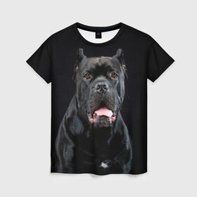 Женская футболка 3D с принтом Черный кан - корсо в Белгороде, 100% полиэфир ( синтетическое хлопкоподобное полотно) | прямой крой, круглый вырез горловины, длина до линии бедер | Тематика изображения на принте: animal | background | beast | black | breed | can   corso | cool | cute | dog | ears | fangs | jaw | look | muzzle | portrait | tongue | wool | взгляд | животное | зверь | кан   корсо | клыки | милый | пёс | порода | портрет | прикольно | псина | 