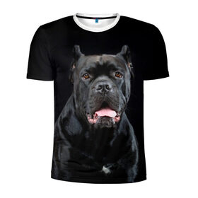 Мужская футболка 3D спортивная с принтом Черный кан - корсо в Белгороде, 100% полиэстер с улучшенными характеристиками | приталенный силуэт, круглая горловина, широкие плечи, сужается к линии бедра | Тематика изображения на принте: animal | background | beast | black | breed | can   corso | cool | cute | dog | ears | fangs | jaw | look | muzzle | portrait | tongue | wool | взгляд | животное | зверь | кан   корсо | клыки | милый | пёс | порода | портрет | прикольно | псина | 