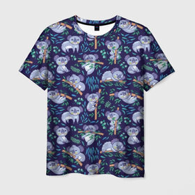 Мужская футболка 3D с принтом Фиолетовые коалы в Белгороде, 100% полиэфир | прямой крой, круглый вырез горловины, длина до линии бедер | animal | australia | baby | bear | blue | color | cute | exotic | green | illustration | koala | pattern | purple | vector | young | австралия | вектор | ветка | детеныш | животное | зеленый | иллюстрация | коала | листья | малыш | медведь | мил
