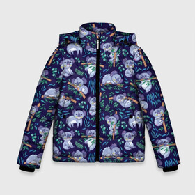 Зимняя куртка для мальчиков 3D с принтом Фиолетовые коалы в Белгороде, ткань верха — 100% полиэстер; подклад — 100% полиэстер, утеплитель — 100% полиэстер | длина ниже бедра, удлиненная спинка, воротник стойка и отстегивающийся капюшон. Есть боковые карманы с листочкой на кнопках, утяжки по низу изделия и внутренний карман на молнии. 

Предусмотрены светоотражающий принт на спинке, радужный светоотражающий элемент на пуллере молнии и на резинке для утяжки | Тематика изображения на принте: animal | australia | baby | bear | blue | color | cute | exotic | green | illustration | koala | pattern | purple | vector | young | австралия | вектор | ветка | детеныш | животное | зеленый | иллюстрация | коала | листья | малыш | медведь | мил