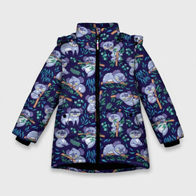 Зимняя куртка для девочек 3D с принтом Фиолетовые коалы в Белгороде, ткань верха — 100% полиэстер; подклад — 100% полиэстер, утеплитель — 100% полиэстер. | длина ниже бедра, удлиненная спинка, воротник стойка и отстегивающийся капюшон. Есть боковые карманы с листочкой на кнопках, утяжки по низу изделия и внутренний карман на молнии. 

Предусмотрены светоотражающий принт на спинке, радужный светоотражающий элемент на пуллере молнии и на резинке для утяжки. | animal | australia | baby | bear | blue | color | cute | exotic | green | illustration | koala | pattern | purple | vector | young | австралия | вектор | ветка | детеныш | животное | зеленый | иллюстрация | коала | листья | малыш | медведь | мил