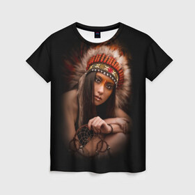 Женская футболка 3D с принтом Индейская девушка в Белгороде, 100% полиэфир ( синтетическое хлопкоподобное полотно) | прямой крой, круглый вырез горловины, длина до линии бедер | american | beauty | body | costume | dark | ethnic | face | girl | hair | look | national | nature | race | shaman | взгляд | волосы | девушка | женщина | индейский | индейцы | кор | костюм | краснокожий | красный | красота | лицо | ловец снов | макияж | 