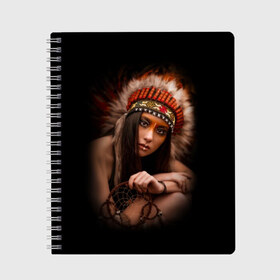 Тетрадь с принтом Индейская девушка в Белгороде, 100% бумага | 48 листов, плотность листов — 60 г/м2, плотность картонной обложки — 250 г/м2. Листы скреплены сбоку удобной пружинной спиралью. Уголки страниц и обложки скругленные. Цвет линий — светло-серый
 | american | beauty | body | costume | dark | ethnic | face | girl | hair | look | national | nature | race | shaman | взгляд | волосы | девушка | женщина | индейский | индейцы | кор | костюм | краснокожий | красный | красота | лицо | ловец снов | макияж | 