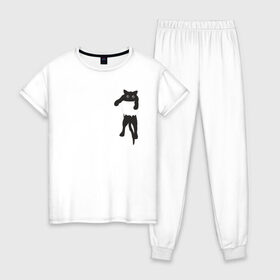 Женская пижама хлопок с принтом Кися в кармане в Белгороде, 100% хлопок | брюки и футболка прямого кроя, без карманов, на брюках мягкая резинка на поясе и по низу штанин | Тематика изображения на принте: cat | арт | животные | карман | кися | кот | кот в кармане | котенок | коты | кошка