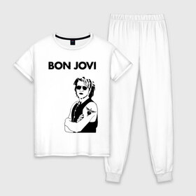 Женская пижама хлопок с принтом Bon Jovi в Белгороде, 100% хлопок | брюки и футболка прямого кроя, без карманов, на брюках мягкая резинка на поясе и по низу штанин | bon jovi | альбом | арена | бон | бон джови | глэм | группа | джови | джон | метал | музыка | надпись | песни | поп | попрок | рок | рокер | смайл | солист | софт | стена | хард | хеви | хевиметал