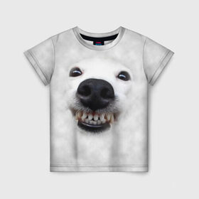 Детская футболка 3D с принтом Собака - улыбака в Белгороде, 100% гипоаллергенный полиэфир | прямой крой, круглый вырез горловины, длина до линии бедер, чуть спущенное плечо, ткань немного тянется | Тематика изображения на принте: животные | зубы | мордочка | пес | прикол | смешная | собака | улыбака | улыбка | щенок | юмор