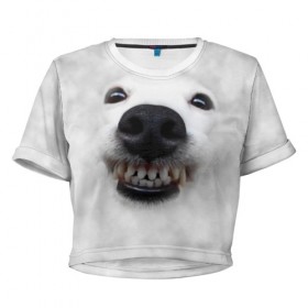 Женская футболка Cropp-top с принтом Собака - улыбака в Белгороде, 100% полиэстер | круглая горловина, длина футболки до линии талии, рукава с отворотами | животные | зубы | мордочка | пес | прикол | смешная | собака | улыбака | улыбка | щенок | юмор