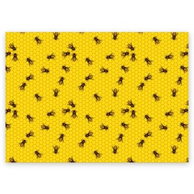 Поздравительная открытка с принтом Пчелы в сотах в Белгороде, 100% бумага | плотность бумаги 280 г/м2, матовая, на обратной стороне линовка и место для марки
 | bee | beehive | brown | bug | honey | honeycomb | insect | toiler | yellow | букашка | желтый | коричневый | мёд | насекомое | пчела | соты | труженик | улей