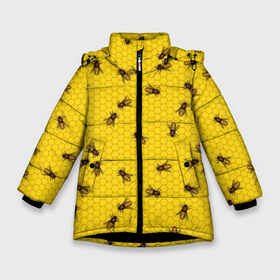 Зимняя куртка для девочек 3D с принтом Пчелы в сотах в Белгороде, ткань верха — 100% полиэстер; подклад — 100% полиэстер, утеплитель — 100% полиэстер. | длина ниже бедра, удлиненная спинка, воротник стойка и отстегивающийся капюшон. Есть боковые карманы с листочкой на кнопках, утяжки по низу изделия и внутренний карман на молнии. 

Предусмотрены светоотражающий принт на спинке, радужный светоотражающий элемент на пуллере молнии и на резинке для утяжки. | bee | beehive | brown | bug | honey | honeycomb | insect | toiler | yellow | букашка | желтый | коричневый | мёд | насекомое | пчела | соты | труженик | улей