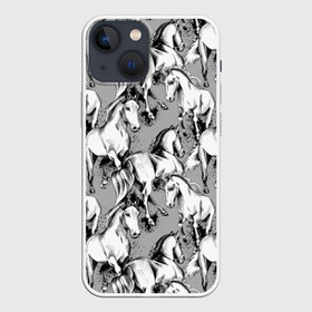 Чехол для iPhone 13 mini с принтом Белые лошади в Белгороде,  |  | animal | black | cool | gray | hooves | horse | illustration | mane | mustang | muzzle | running | speed | tail | white | бег | белый | грива | животное | иллюстрация | копыта | лошадь | мустанг | прикольно | серый | скорость | хвост | черный