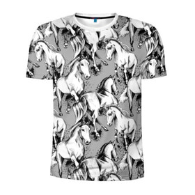 Мужская футболка 3D спортивная с принтом Белые лошади в Белгороде, 100% полиэстер с улучшенными характеристиками | приталенный силуэт, круглая горловина, широкие плечи, сужается к линии бедра | animal | black | cool | gray | hooves | horse | illustration | mane | mustang | muzzle | running | speed | tail | white | бег | белый | грива | животное | иллюстрация | копыта | лошадь | мустанг | прикольно | серый | скорость | хвост | черный