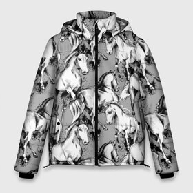 Мужская зимняя куртка 3D с принтом Белые лошади в Белгороде, верх — 100% полиэстер; подкладка — 100% полиэстер; утеплитель — 100% полиэстер | длина ниже бедра, свободный силуэт Оверсайз. Есть воротник-стойка, отстегивающийся капюшон и ветрозащитная планка. 

Боковые карманы с листочкой на кнопках и внутренний карман на молнии. | Тематика изображения на принте: animal | black | cool | gray | hooves | horse | illustration | mane | mustang | muzzle | running | speed | tail | white | бег | белый | грива | животное | иллюстрация | копыта | лошадь | мустанг | прикольно | серый | скорость | хвост | черный