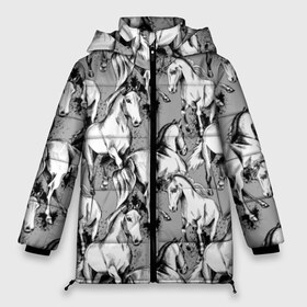 Женская зимняя куртка 3D с принтом Белые лошади в Белгороде, верх — 100% полиэстер; подкладка — 100% полиэстер; утеплитель — 100% полиэстер | длина ниже бедра, силуэт Оверсайз. Есть воротник-стойка, отстегивающийся капюшон и ветрозащитная планка. 

Боковые карманы с листочкой на кнопках и внутренний карман на молнии | animal | black | cool | gray | hooves | horse | illustration | mane | mustang | muzzle | running | speed | tail | white | бег | белый | грива | животное | иллюстрация | копыта | лошадь | мустанг | прикольно | серый | скорость | хвост | черный