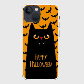 Чехол для iPhone 13 mini с принтом Happy Halloween в Белгороде,  |  | autumn | bat | black | cat | eyes | fangs | halloween | holiday | horror | horrors | mouse | yellow | глаза | желтый | жуть | клыки | кот | летучая | мышь | осень | праздник | ужасы | хэллоуин | черный