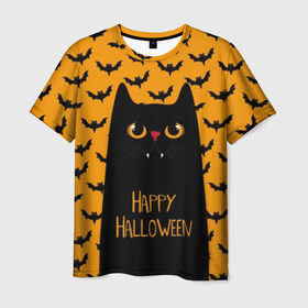 Мужская футболка 3D с принтом Happy Halloween в Белгороде, 100% полиэфир | прямой крой, круглый вырез горловины, длина до линии бедер | Тематика изображения на принте: autumn | bat | black | cat | eyes | fangs | halloween | holiday | horror | horrors | mouse | yellow | глаза | желтый | жуть | клыки | кот | летучая | мышь | осень | праздник | ужасы | хэллоуин | черный