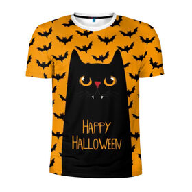 Мужская футболка 3D спортивная с принтом Happy Halloween в Белгороде, 100% полиэстер с улучшенными характеристиками | приталенный силуэт, круглая горловина, широкие плечи, сужается к линии бедра | Тематика изображения на принте: autumn | bat | black | cat | eyes | fangs | halloween | holiday | horror | horrors | mouse | yellow | глаза | желтый | жуть | клыки | кот | летучая | мышь | осень | праздник | ужасы | хэллоуин | черный