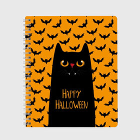 Тетрадь с принтом Happy Halloween в Белгороде, 100% бумага | 48 листов, плотность листов — 60 г/м2, плотность картонной обложки — 250 г/м2. Листы скреплены сбоку удобной пружинной спиралью. Уголки страниц и обложки скругленные. Цвет линий — светло-серый
 | autumn | bat | black | cat | eyes | fangs | halloween | holiday | horror | horrors | mouse | yellow | глаза | желтый | жуть | клыки | кот | летучая | мышь | осень | праздник | ужасы | хэллоуин | черный