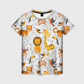 Женская футболка 3D с принтом Тропические животные в Белгороде, 100% полиэфир ( синтетическое хлопкоподобное полотно) | прямой крой, круглый вырез горловины, длина до линии бедер | bananas | bird | brown | fauna | flora | giraffe | jungle | monkey | nature | parrot | red | tiger | tropics | white | wild | yellow | бананы | белый | джунгли | дикая | желтый | жираф | коричневый | красный | обезьяна | попугай | природа | птица | тигр |