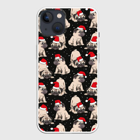 Чехол для iPhone 13 с принтом Новогодние мопсы в Белгороде,  |  | black | christmas | cute | dog | funny | hat | new year | pug | puppy | red | snow | white | winter | белый | зима | красный | мило | мопс | новогодний | новый год | пёс | прикольно | рождество | снег | собака | собакен | чёрный | шапка | щенок