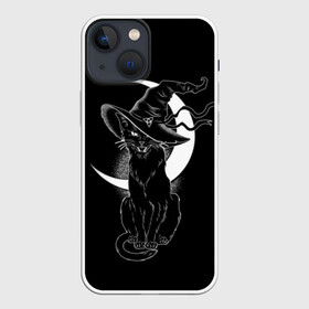 Чехол для iPhone 13 mini с принтом Кошка колдунья в Белгороде,  |  | black | cat | cl | crescent | fangs | halloween | hat | holiday | hunter | kitty | magic | month | moon | mystic | night | predator | white | witch | белый | ведьма | киса | клыки | когти | колдовство | кот | котэ | кошка | луна | магия | месяц | мистика 