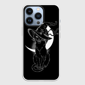 Чехол для iPhone 13 Pro с принтом Кошка колдунья в Белгороде,  |  | black | cat | cl | crescent | fangs | halloween | hat | holiday | hunter | kitty | magic | month | moon | mystic | night | predator | white | witch | белый | ведьма | киса | клыки | когти | колдовство | кот | котэ | кошка | луна | магия | месяц | мистика 