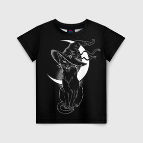 Детская футболка 3D с принтом Кошка колдунья в Белгороде, 100% гипоаллергенный полиэфир | прямой крой, круглый вырез горловины, длина до линии бедер, чуть спущенное плечо, ткань немного тянется | black | cat | cl | crescent | fangs | halloween | hat | holiday | hunter | kitty | magic | month | moon | mystic | night | predator | white | witch | белый | ведьма | киса | клыки | когти | колдовство | кот | котэ | кошка | луна | магия | месяц | мистика 