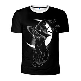 Мужская футболка 3D спортивная с принтом Кошка колдунья в Белгороде, 100% полиэстер с улучшенными характеристиками | приталенный силуэт, круглая горловина, широкие плечи, сужается к линии бедра | black | cat | cl | crescent | fangs | halloween | hat | holiday | hunter | kitty | magic | month | moon | mystic | night | predator | white | witch | белый | ведьма | киса | клыки | когти | колдовство | кот | котэ | кошка | луна | магия | месяц | мистика 