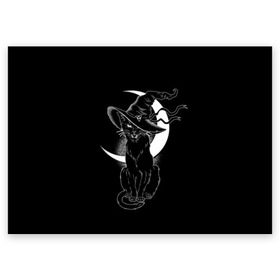 Поздравительная открытка с принтом Кошка колдунья в Белгороде, 100% бумага | плотность бумаги 280 г/м2, матовая, на обратной стороне линовка и место для марки
 | black | cat | cl | crescent | fangs | halloween | hat | holiday | hunter | kitty | magic | month | moon | mystic | night | predator | white | witch | белый | ведьма | киса | клыки | когти | колдовство | кот | котэ | кошка | луна | магия | месяц | мистика 