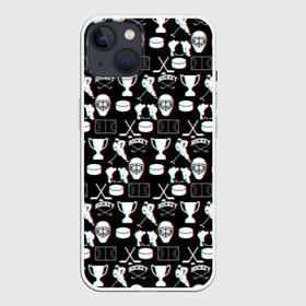 Чехол для iPhone 13 с принтом ХОККЕЙ GLITCH в Белгороде,  |  | black and white | hockey | pattern | russia | sport | глитч | надписи | паттерн | россия | сборная хоккея | символика | спорт | спортсмен | текстура | хоккей | чемпионат | черно белый | я русский