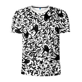 Мужская футболка 3D спортивная с принтом ЪУЪ в Белгороде, 100% полиэстер с улучшенными характеристиками | приталенный силуэт, круглая горловина, широкие плечи, сужается к линии бедра | белый | буквы | кот | кошка | мем | паттерн | узор | уъу | черный