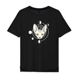 Мужская футболка хлопок Oversize с принтом Кот с Лунами в Белгороде, 100% хлопок | свободный крой, круглый ворот, “спинка” длиннее передней части | астрология | астрономия | космос | кот | котики | коты | луна | луны | сфинкс