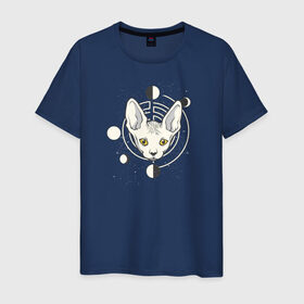 Мужская футболка хлопок с принтом Кот с Лунами в Белгороде, 100% хлопок | прямой крой, круглый вырез горловины, длина до линии бедер, слегка спущенное плечо. | Тематика изображения на принте: астрология | астрономия | космос | кот | котики | коты | луна | луны | сфинкс