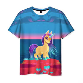 Мужская футболка 3D с принтом Милый единорог в Белгороде, 100% полиэфир | прямой крой, круглый вырез горловины, длина до линии бедер | pony | грива | девочка | единорог | конь | копыта | красивая | лошадка | лошадь | милая | пони | природа закат | радуга