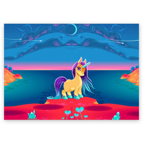 Поздравительная открытка с принтом Милый единорог в Белгороде, 100% бумага | плотность бумаги 280 г/м2, матовая, на обратной стороне линовка и место для марки
 | Тематика изображения на принте: pony | грива | девочка | единорог | конь | копыта | красивая | лошадка | лошадь | милая | пони | природа закат | радуга
