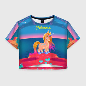 Женская футболка Cropp-top с принтом Милый единорог в Белгороде, 100% полиэстер | круглая горловина, длина футболки до линии талии, рукава с отворотами | pony | грива | девочка | единорог | конь | копыта | красивая | лошадка | лошадь | милая | пони | природа закат | радуга