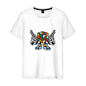 Мужская футболка хлопок с принтом Кубик Рубика в Белгороде, 100% хлопок | прямой крой, круглый вырез горловины, длина до линии бедер, слегка спущенное плечо. | головоломка | кубик | пистолет | рубика