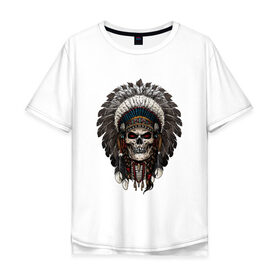 Мужская футболка хлопок Oversize с принтом Череп индеец в Белгороде, 100% хлопок | свободный крой, круглый ворот, “спинка” длиннее передней части | америка | воин | иллюстрация | индеец | нативный американец | перья | череп