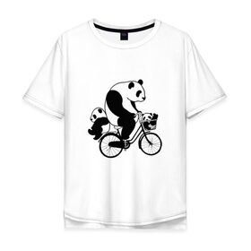 Мужская футболка хлопок Oversize с принтом Панда на велике в Белгороде, 100% хлопок | свободный крой, круглый ворот, “спинка” длиннее передней части | Тематика изображения на принте: велосипед | детеныши панды | животные | медведи | панда | панда катается | панда на велике | три панды | черно белые